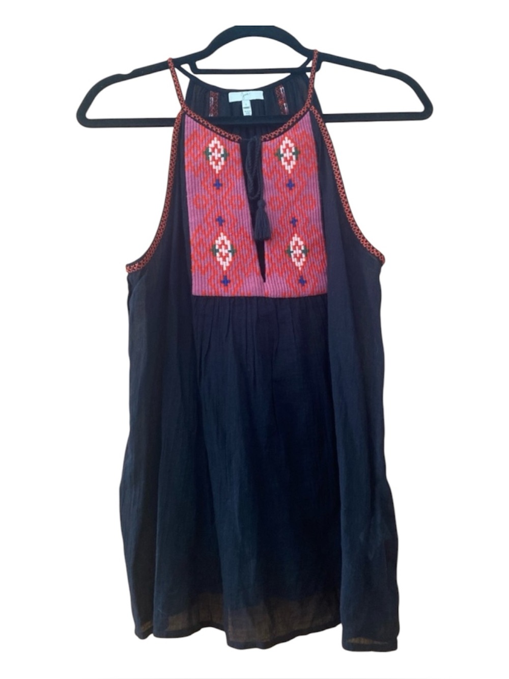 Joie Embroidered Gauze Cotton Boho Tank Top Tassel Tie Black S
